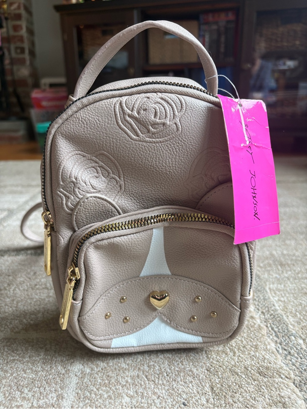 Betsey Johnson French Bulldog Mini Backpack Beige Taupe Gold Embossed Flower NWT